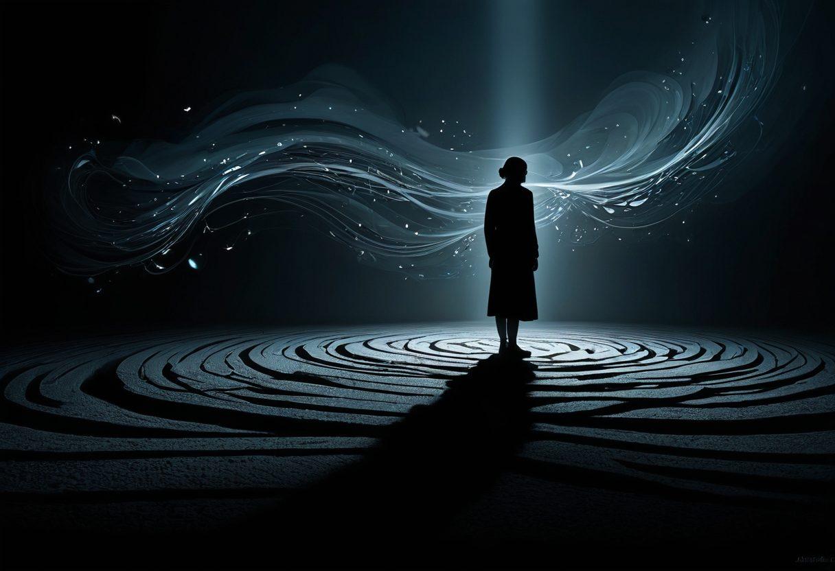 A serene yet haunting digital landscape, depicting a person immersed in storytelling, surrounded by swirling shadows and glowing words. Softly illuminated by ethereal light, the scene conveys the contrast of darkness and creativity. Include abstract shapes that represent thoughts and emotions organically merging with the shadows. Cinematic feel, high detail, and deep color contrasts. super-realistic. vibrant colors. dark background.