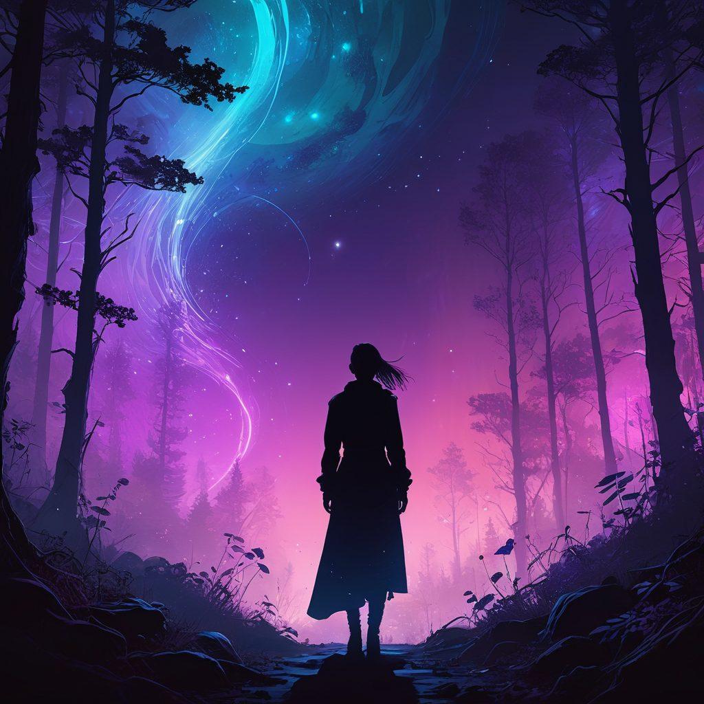 A person standing at the edge of a shadowy forest, gazing into its depths with a mixture of curiosity and trepidation. Ethereal wisps of darkness swirl around, hinting at hidden stories and emotions, while faint, glowing symbols float in the air representing untold narratives and digital art. The sky is a gradient of deep purples and blues, adding a mystical yet eerie atmosphere. The person is silhouetted, dressed in modern attire, symbolizing a blend of the real and the fictional. cyberpunk. vibrant colors. dark-themed.