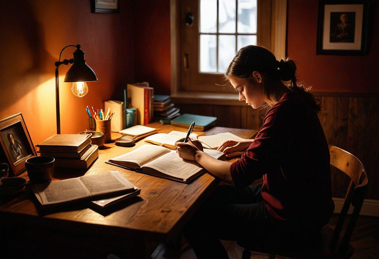 A person sitting at a desk, illuminated by soft, warm light, as they write in a journal. Surrounding them are shadows of various objects representing different life experiences, morphing into vibrant stories that float around. The background subtly represents the contrast between shadows and vivid colors, with digital elements hinting at the online blogging world. The overall composition evokes warmth, introspection, and creativity. super-realistic. vibrant colors. cozy atmosphere.